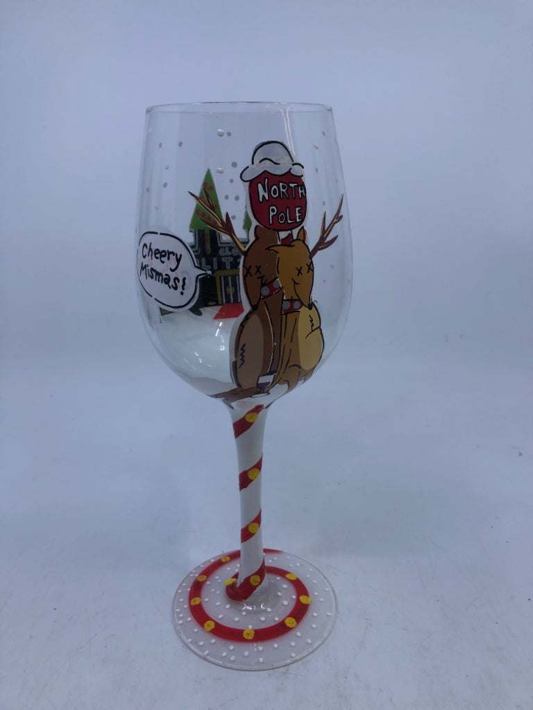 NIP LOLITA "CHEERY MISMAS" HAND PAINTED WINE GLASS.