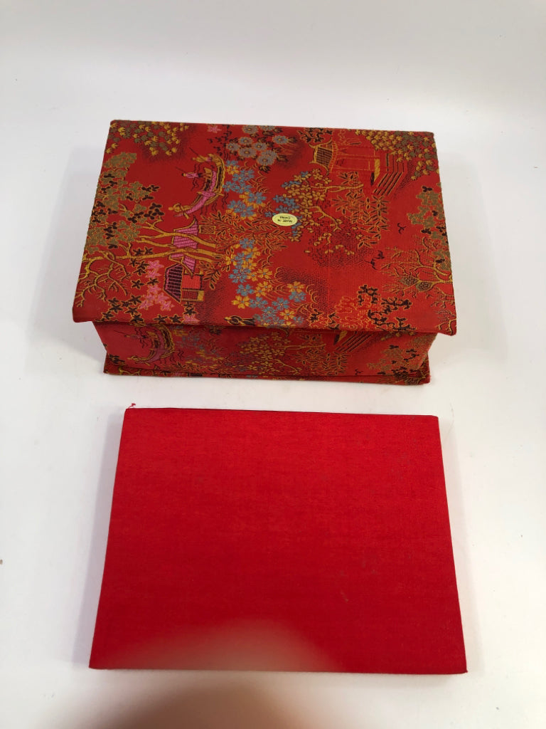 RED CHINESE BROCADE FABRIC TRINKET BOX.