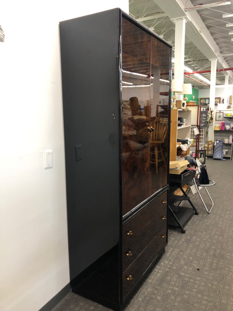 VTG BLACK W/BROWN BURLWOOD ARMOIRE W/ 4 SHELVES AND 3 DRAWERS.