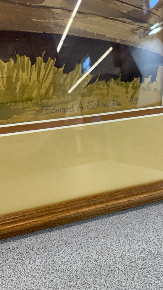 RIVER SCENE WATERCOLOR IN BROWN FRAME.