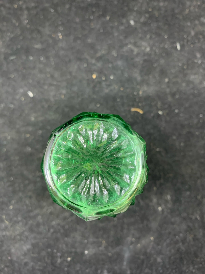 GREEN TEXTURED GLASS EMPTY BOTTLE W HANDLE.
