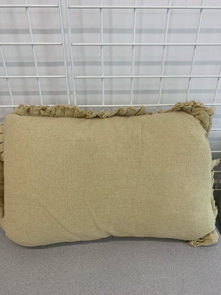 BEIGE TEXTURED RECTANGLE THROW PILLOW W/BEIGE 2 BUTTONS FRINGE.