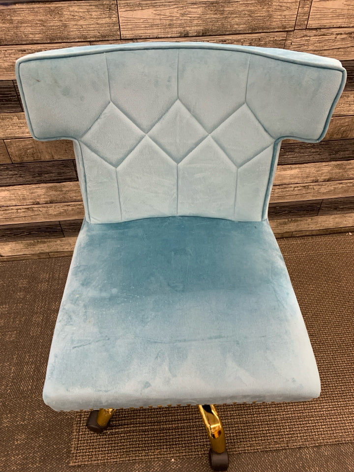 TEAL BLUE VELOUR OFFICE SWIVEL CHAIR W/ GOLD STUDS/LEGS.