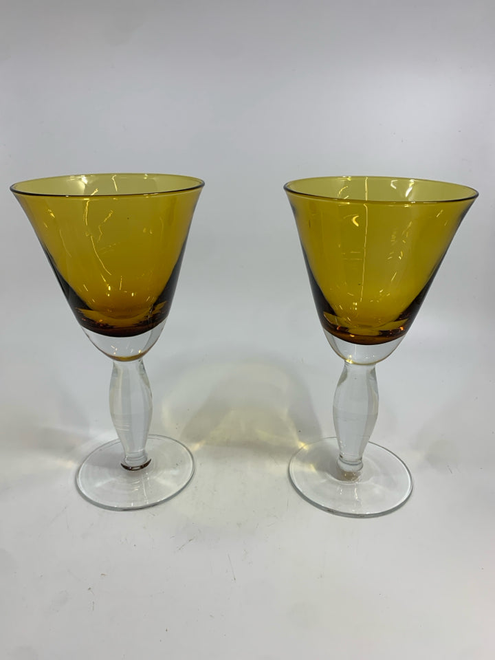 2PC AMBER GLASS WATER GOBLETS W/CLEAR CLASS BASE.
