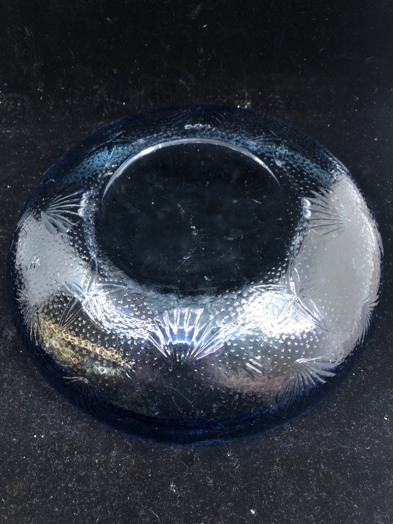 BLUE TEXTURED GLASS BOWL W SEASHELLS.