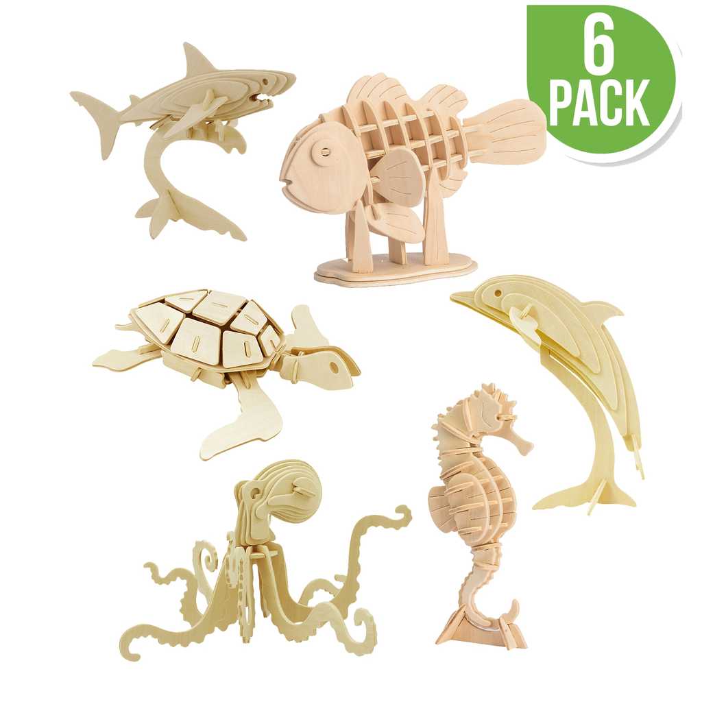 DIY 3D Wooden Puzzle Bundle Set, Pack of 6 Sea Animals Brain Teaser Puzzles