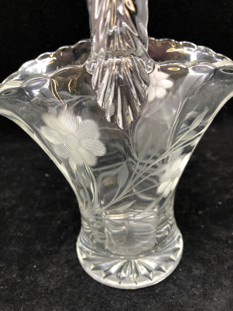 VTG ETCHED GLASS BASKET W/FLOWERS.