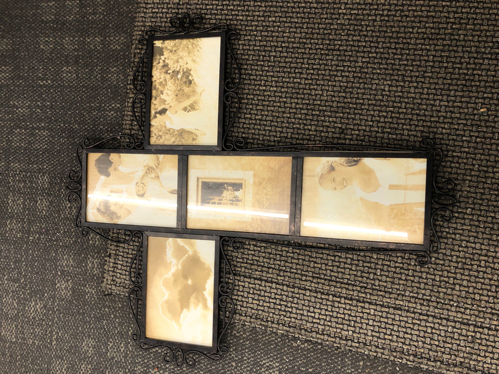 SCROLL METAL CROSS PICTURE FRAME W/ 5 SLOTS.