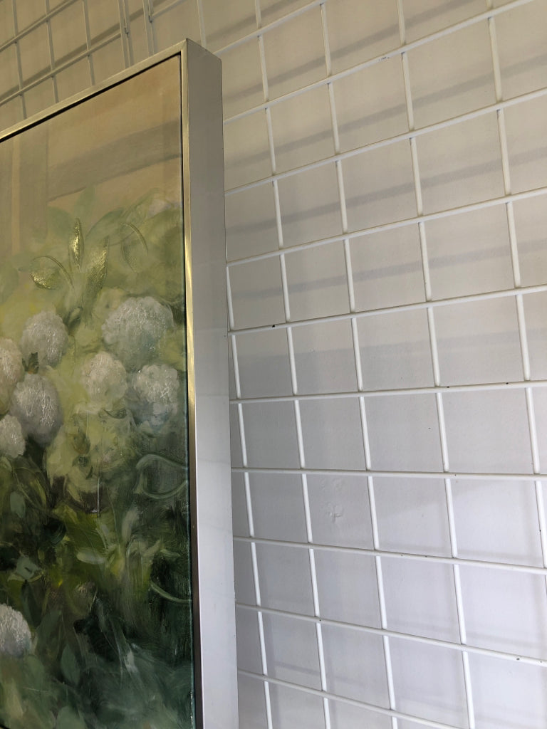 WHITE HYDRANGEAS CANVAS W/ SILVER FRAME.