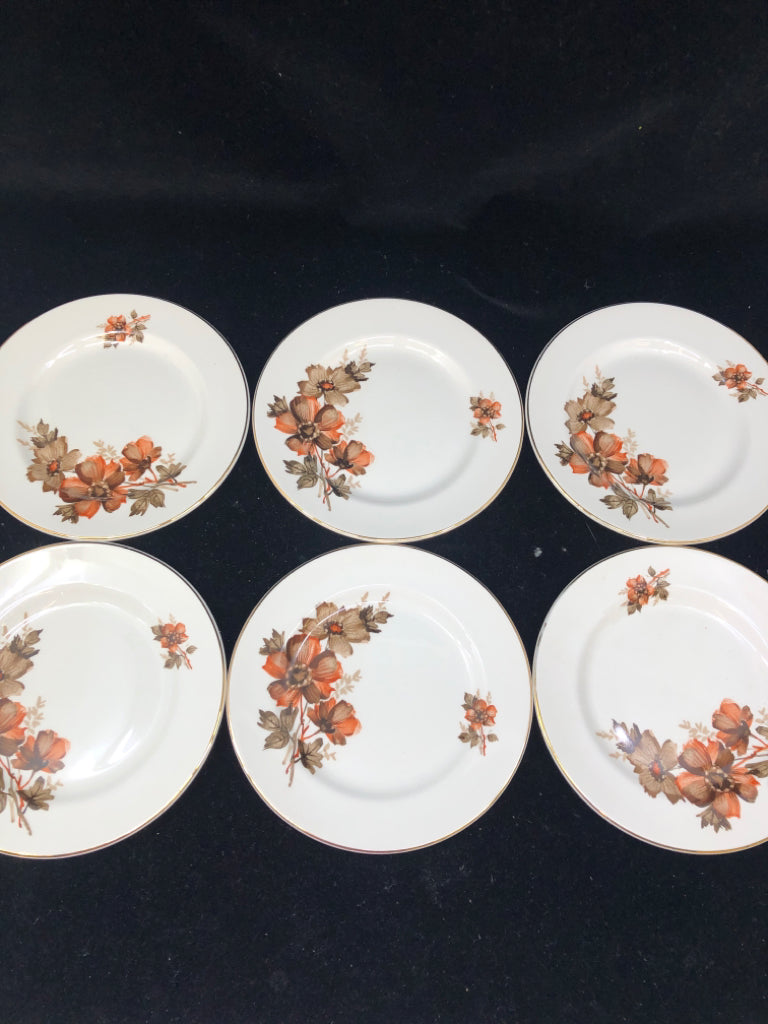 6pc BROWN AND RED FLORAL DESSERT PLATES.