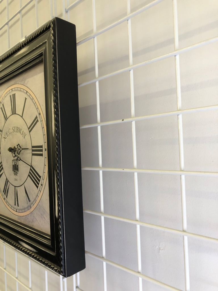 SQUARE BLACK DISTRESSED WALL CLOCK NYC SUBWAY.