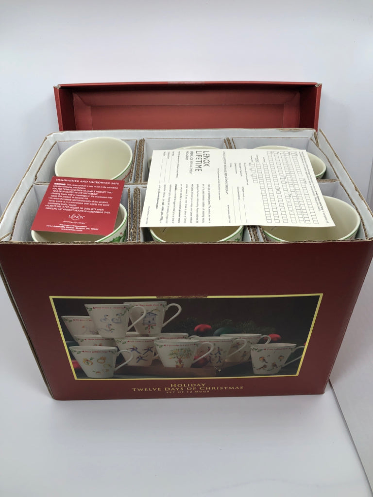 12 DAYS OF CHRISTMAS HOLIDAY MUGS - LENOX - IN BOX.