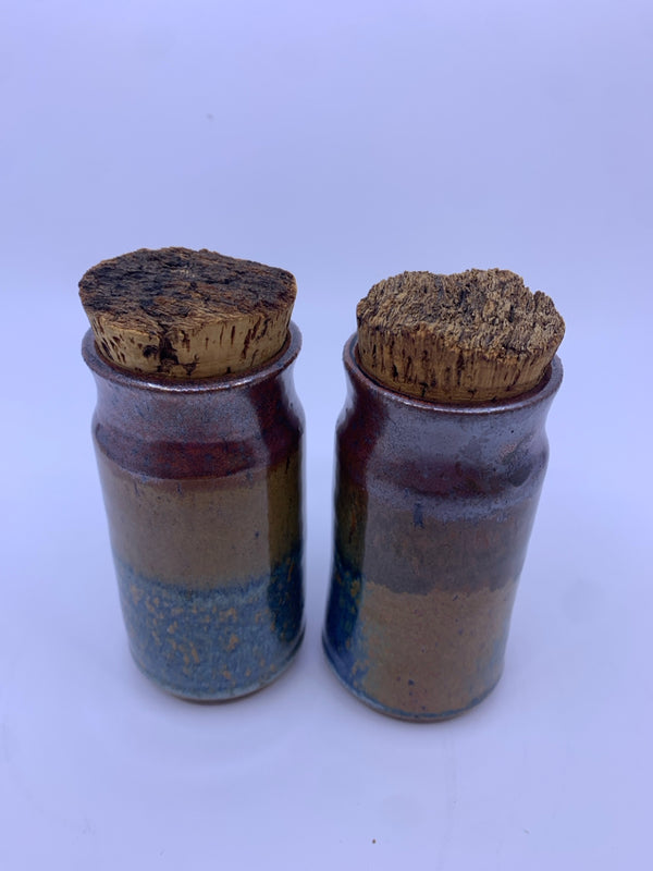 2 POTTERY JARS WITH CORK LIDS-BROWN/TEAL/GOLD.