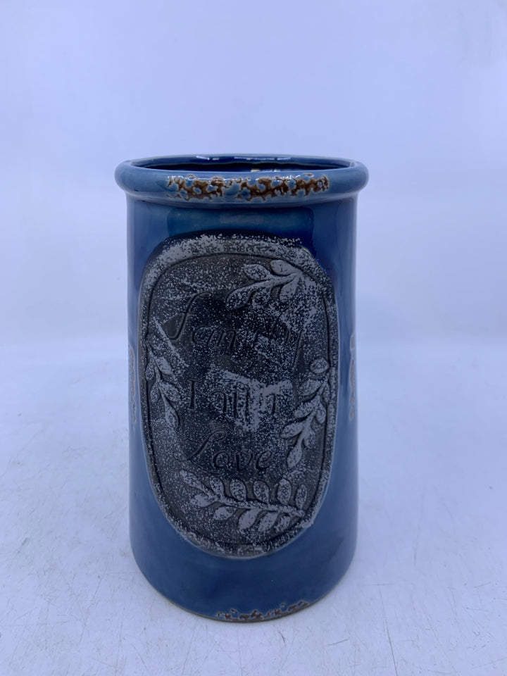 DARK BLUE VASE W/ FAMILY FAITH LOVE IN GREY CIRCLE.