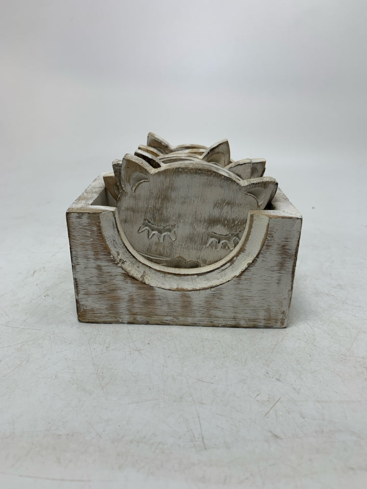 WHITE WASHED CAT FACES COASTERS W/ HOLDER.