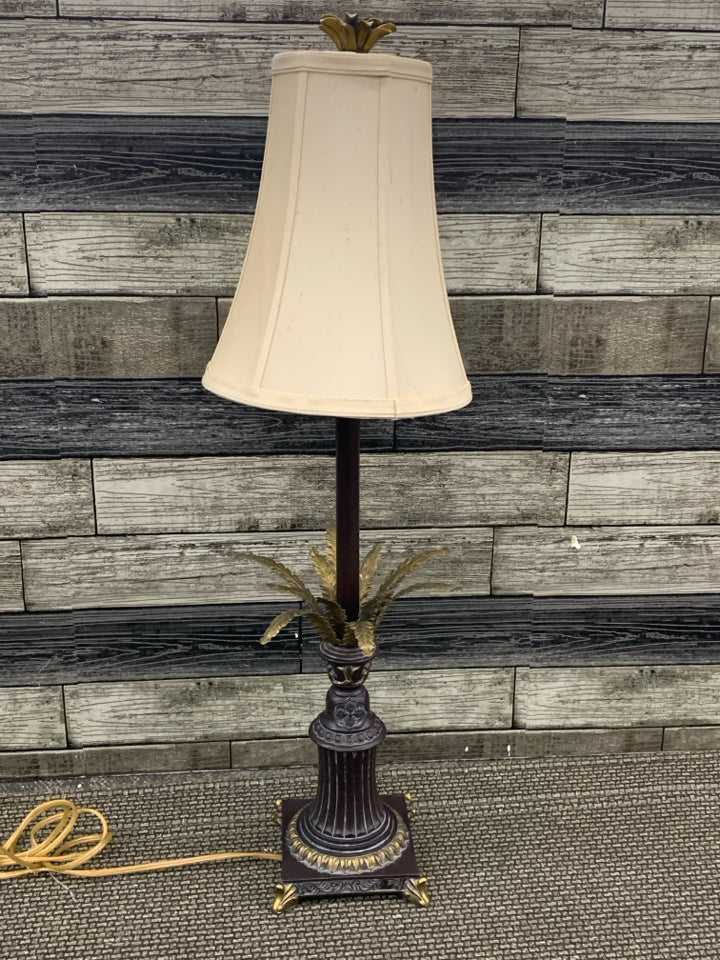 TALL SKINNY PALM TREE LIKE LAMP W TAN SHADE.