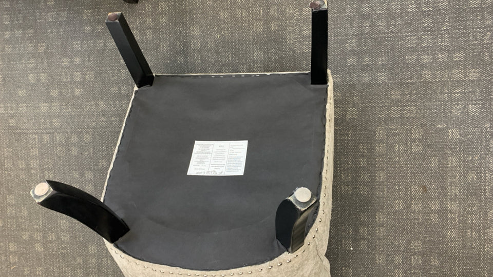 2 UPHOLSTERED GRAY CHAIRS W/NAILHEAD DETAIL.