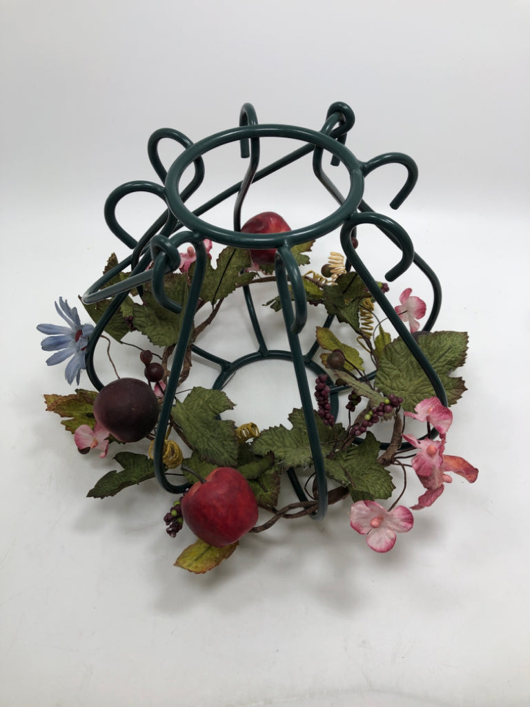GREEN METAL CANDLE CAGE W/FLORAL APPLE DECOR.