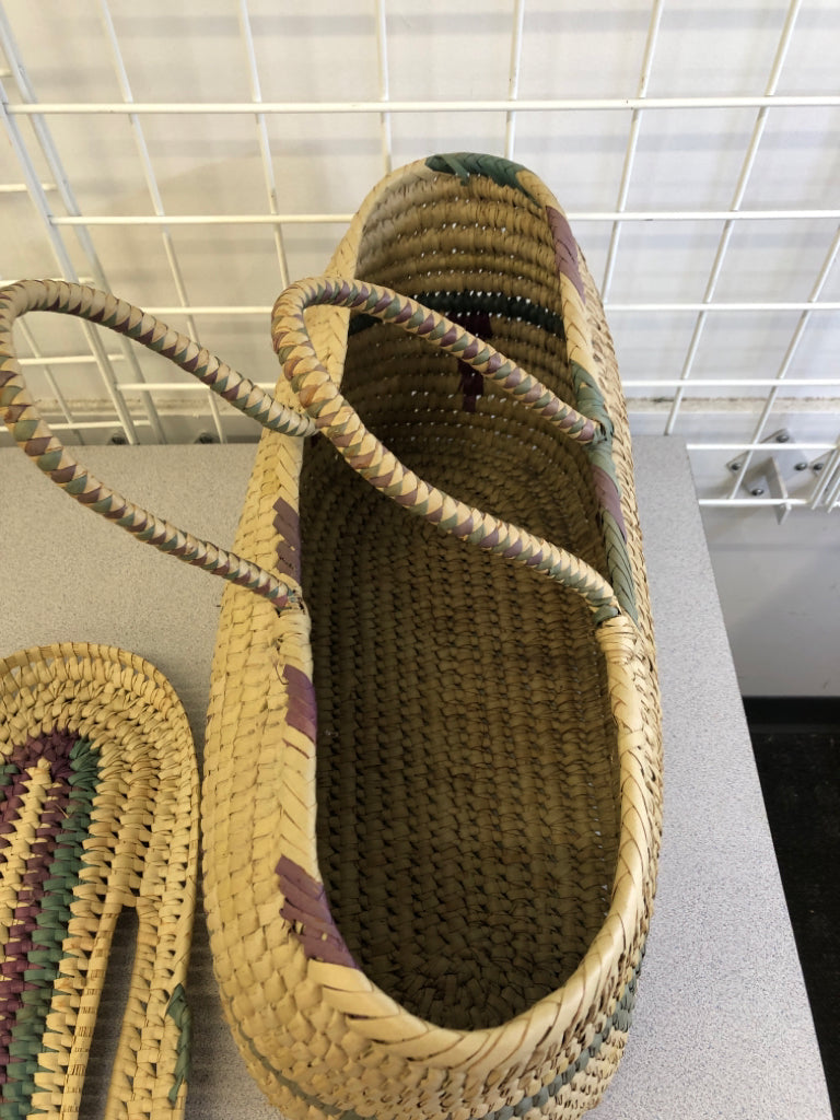 LIGHT BROWN WOVEN BASKET W/ LID & HANDLES TEAL/PURPLE TRIANGLES.