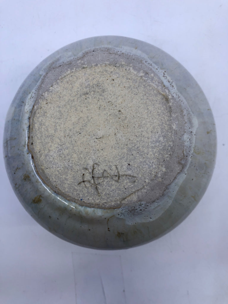WHITE CIRCLE POTTERY VASE W/ SMALL FLARED NECK.
