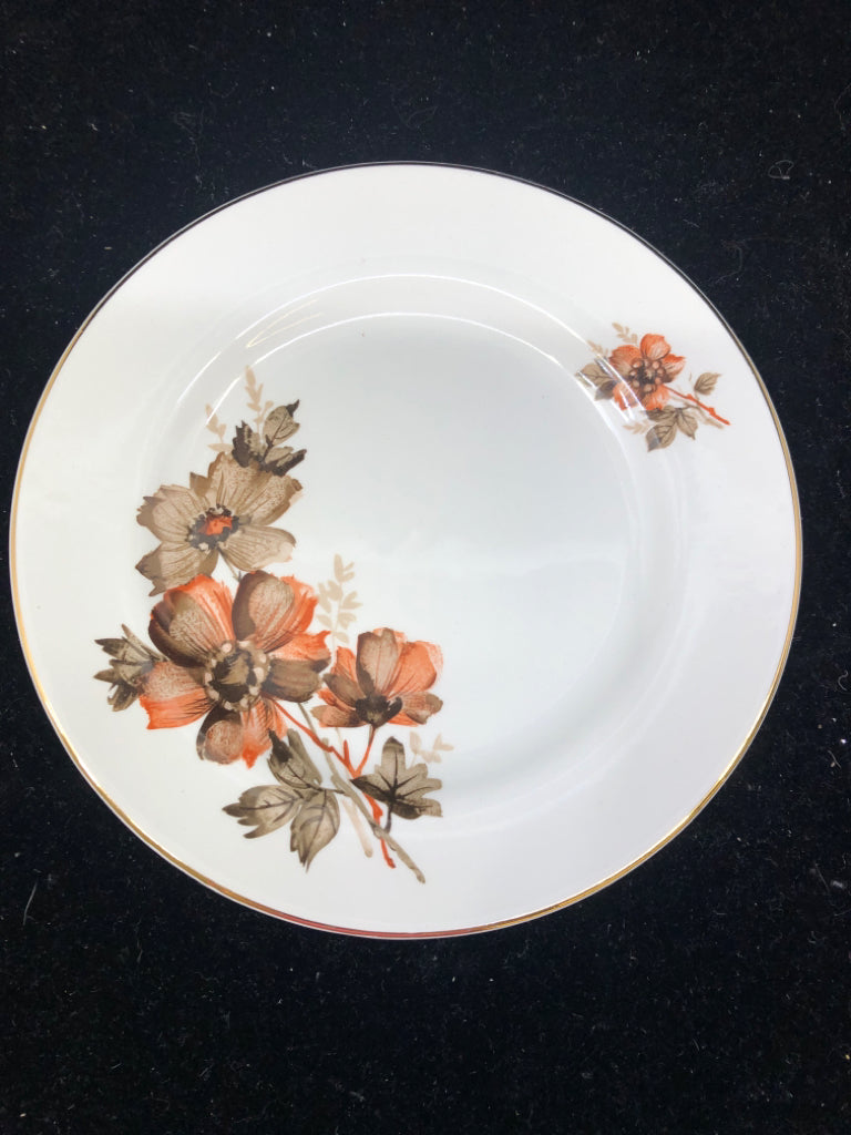 6pc BROWN AND RED FLORAL DESSERT PLATES.