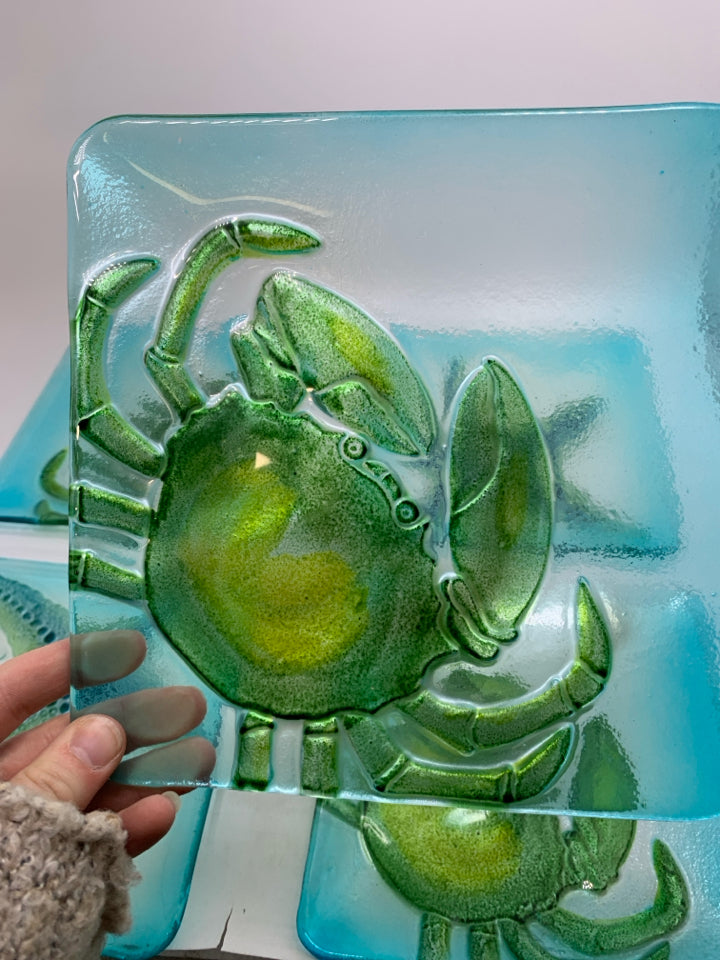 5 SQUARE GLASS PLATES W/ PRINTED CRABS/STARFISH.