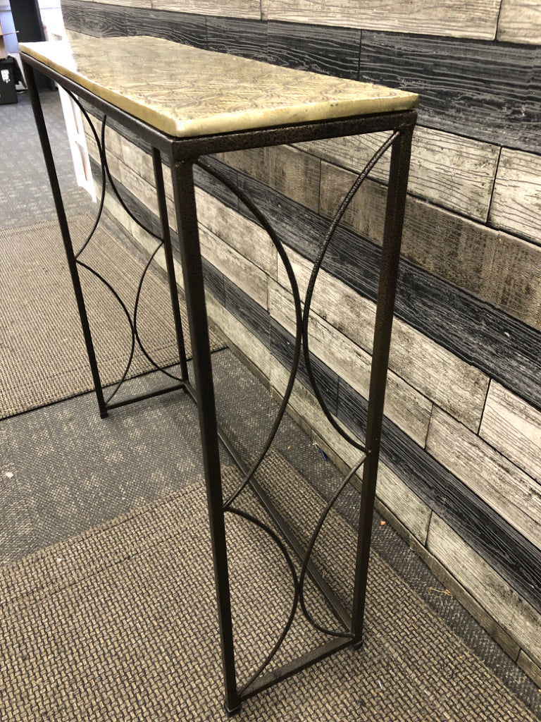NARROW TABLE W/ GOLD ETCHED CERAMIC TOP & METAL SIDES.
