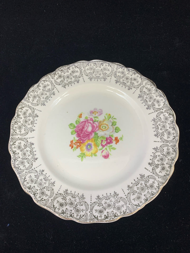 6 VTG BREAD PLATES IVORY GOLD DESIGN W/ COLORFUL BOUQUET.