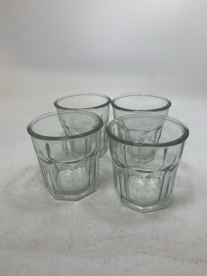 4 SHORT GLASS JUICE GLASSES.