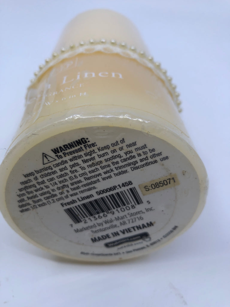 FRESH LINEN PILLAR CANDLE.