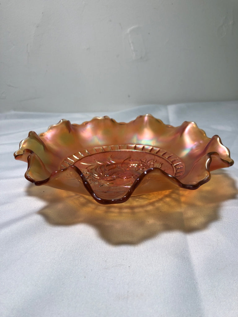 VTG ORANGE GLASS WAVY DISH.