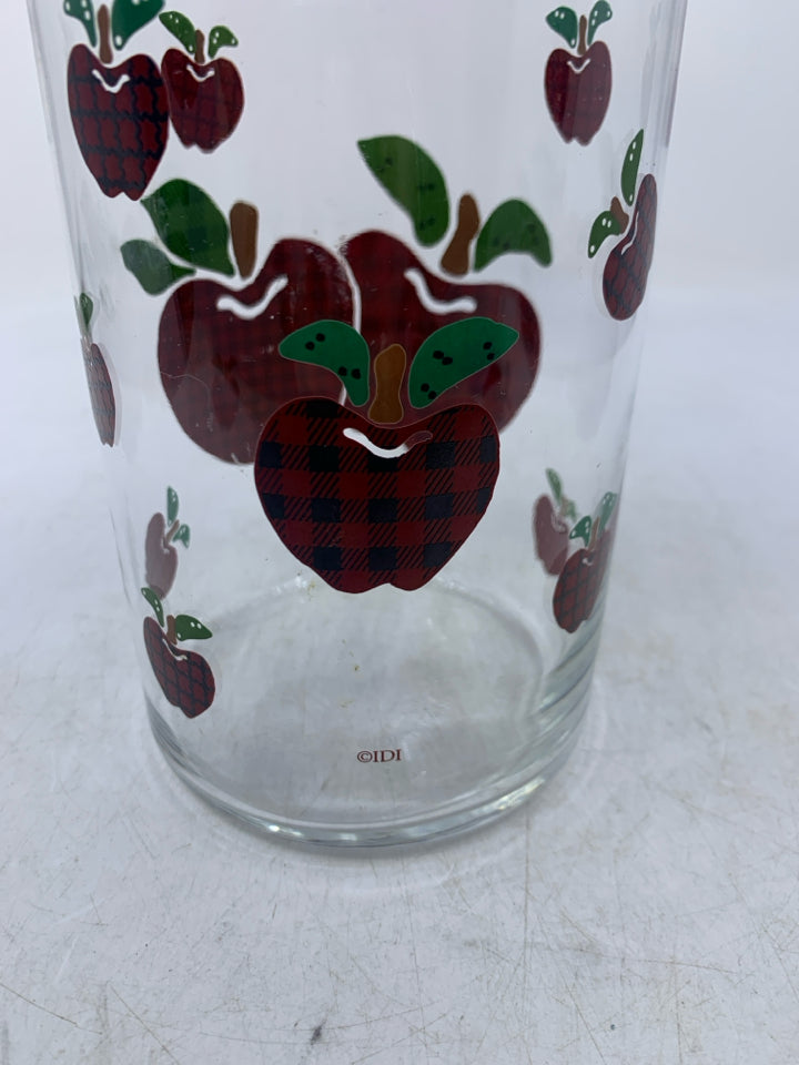 CLEAR GLASS CANISTER W/ PRINTED CHECKERED APPLES.