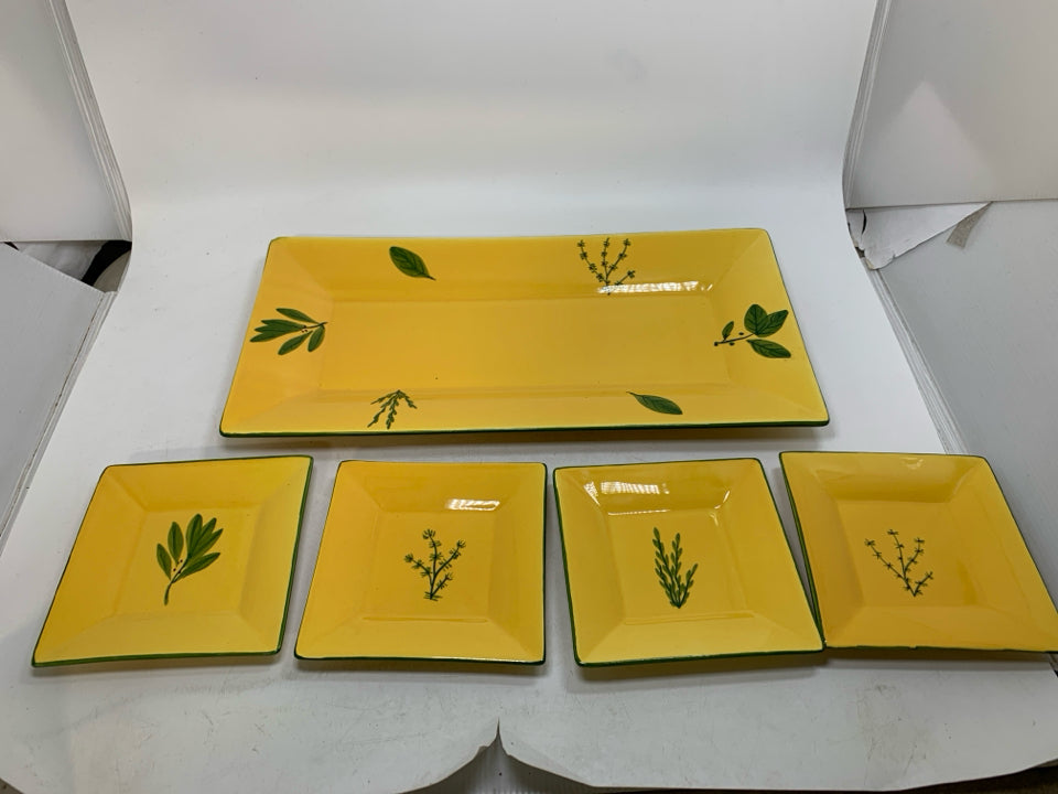 VTG 5 PC SUBTIL APPETIZER PLATES/TRAY SET W/ GREEN LEAVE DETAILS.