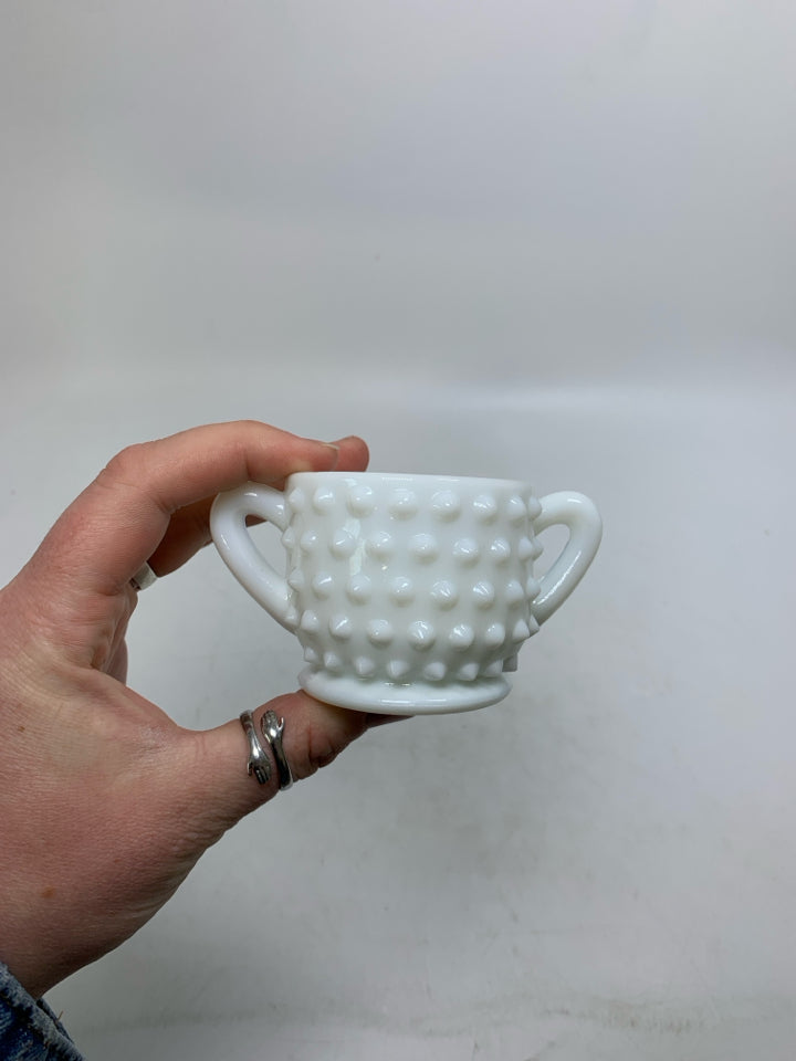 MILK GLASS MINI HOBNAIL SUGAR BOWL W/ HANDLES.