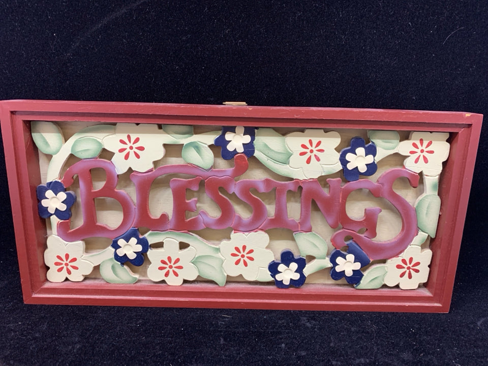 MAROON "BLESSINGS" CUT OUT FLORAL WALL HANGING.