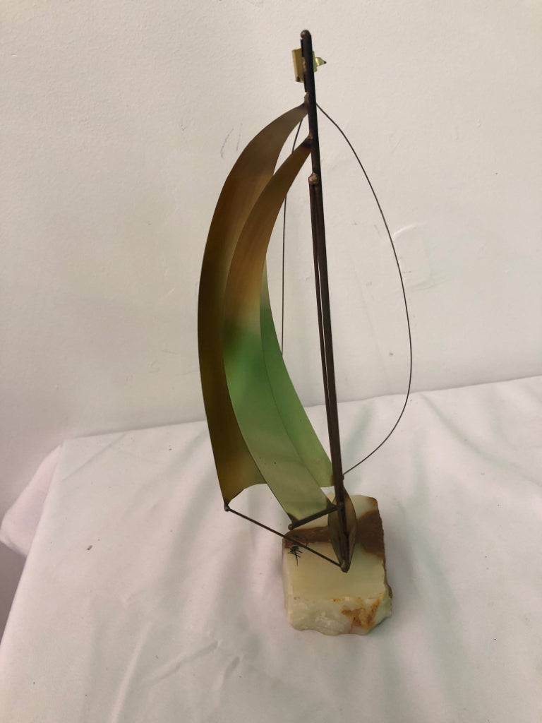 VTG BRASS SAIL BOAT ON ROCK SLAB SIGNED DEMOTT.