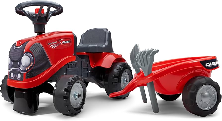 Falk Case IH Tractor Push Ride-on Toy with Detachable Trailer Rake and Shovel