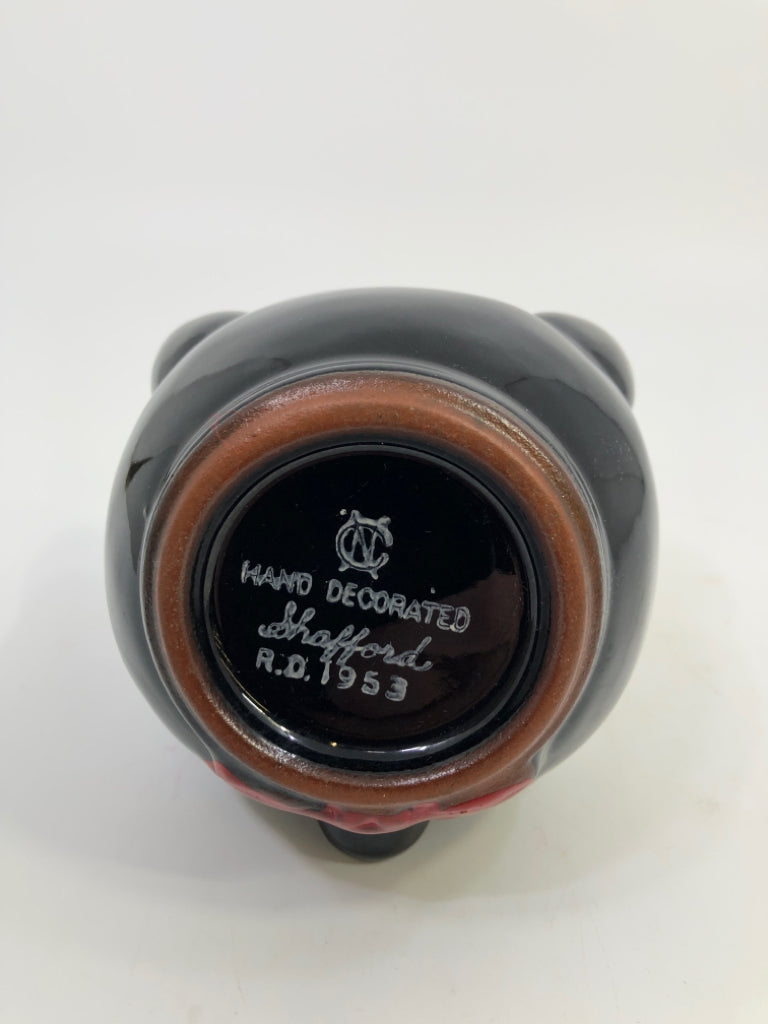 VTG REDWARE BLACK CAT HEAD ASHTRAY.