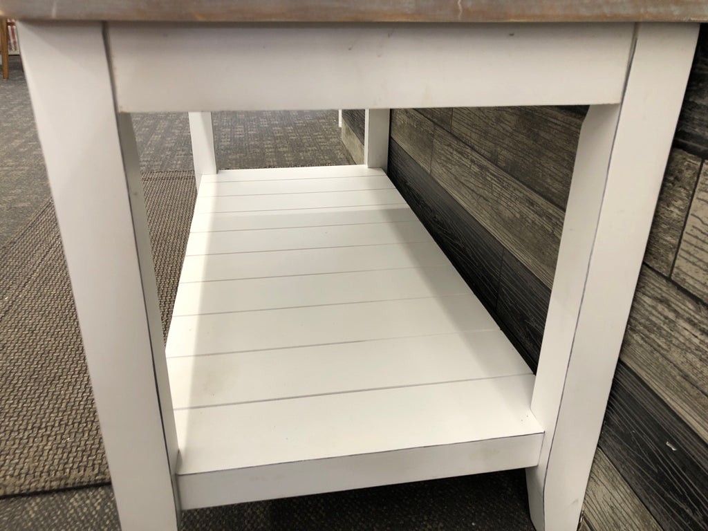 WHITE WASHED COFFEE TABLE W BOTTOM SHELF.