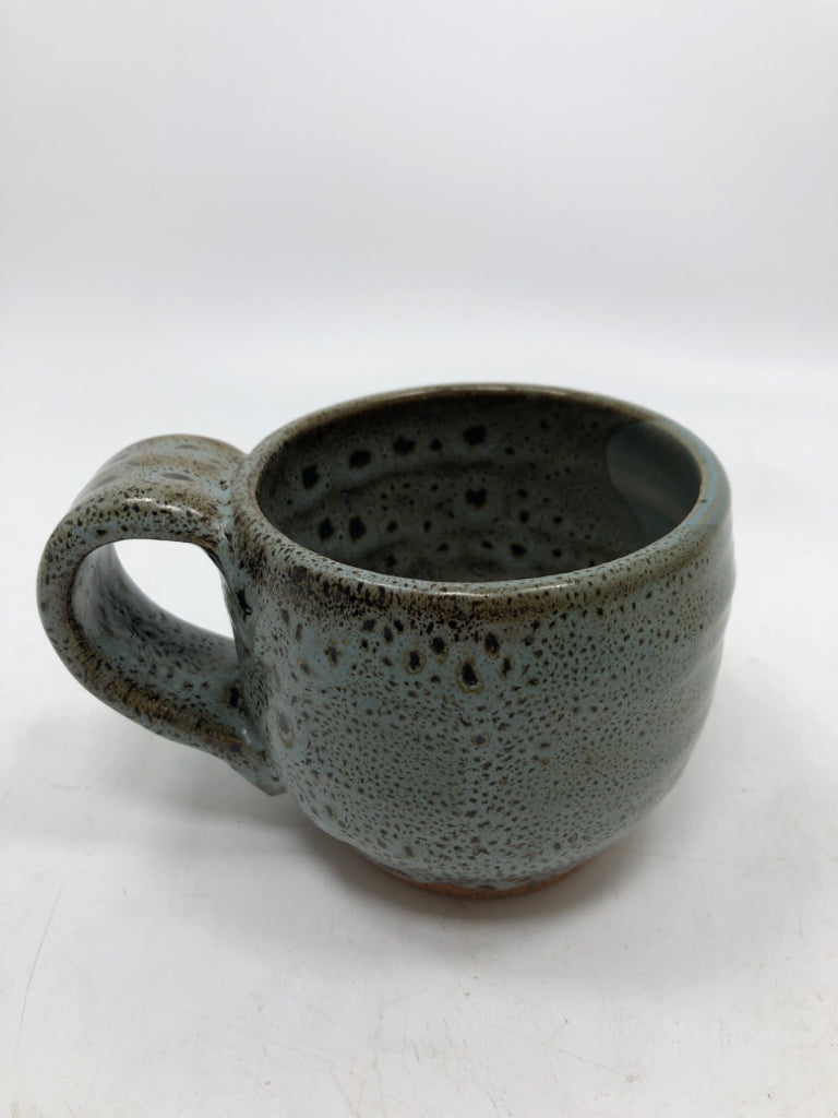 DUSTY BLUE BROWN SPOTTED POTTERY MUG.