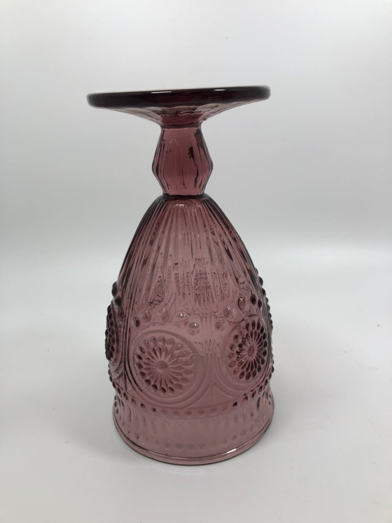8 PURPLE GLASS GOBLETS W/MEDALLION STYLE.