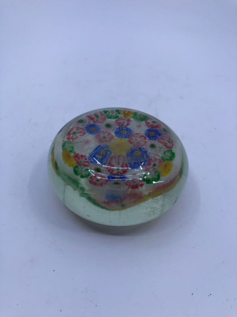 COLORFUL FLORAL BLOWN GLASS PAPER WEIGHT.