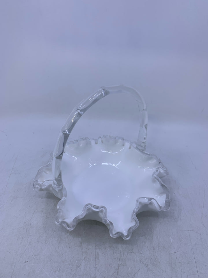 MILK GLASS/CLEAR GLASS BASKET W/ RUFFLED EDGE.
