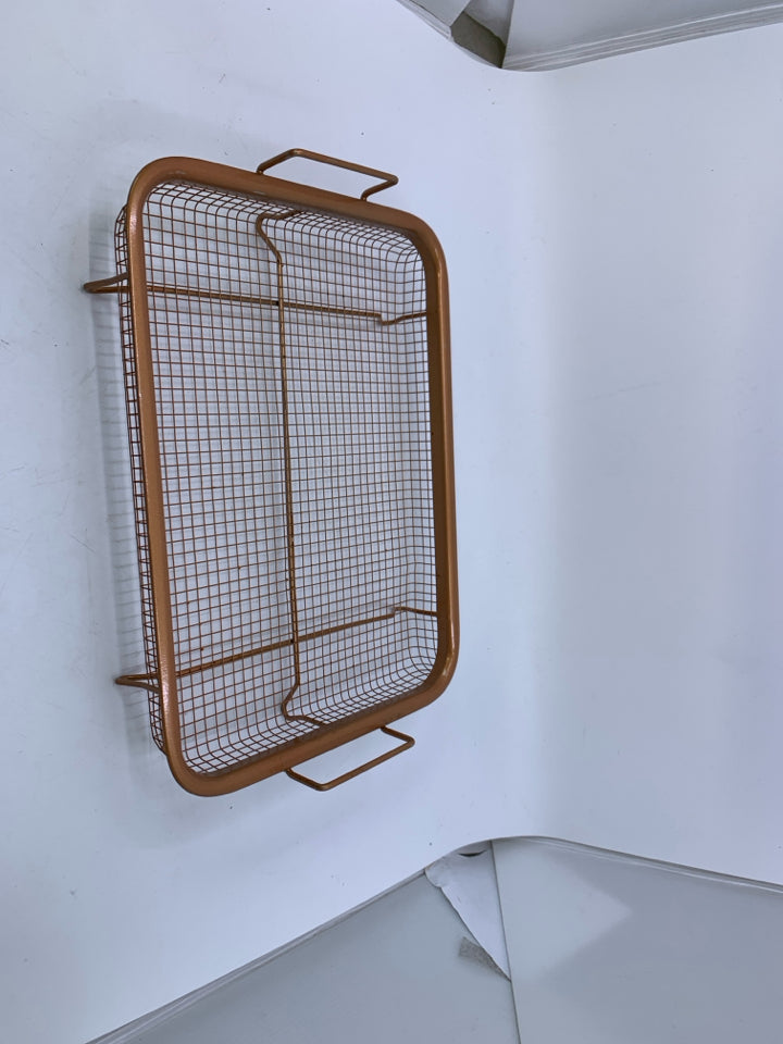 COPPER MESH FOOTED FRYING BASKET.