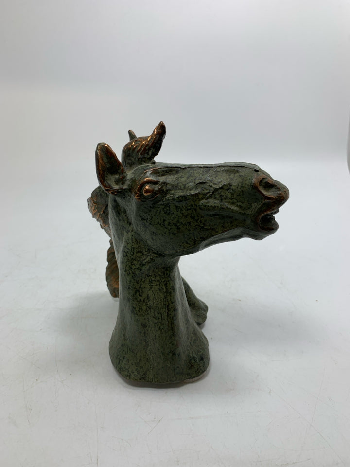 GREEN METAL HEAVY HORSE HEAD W/ BABY FIGURINE.