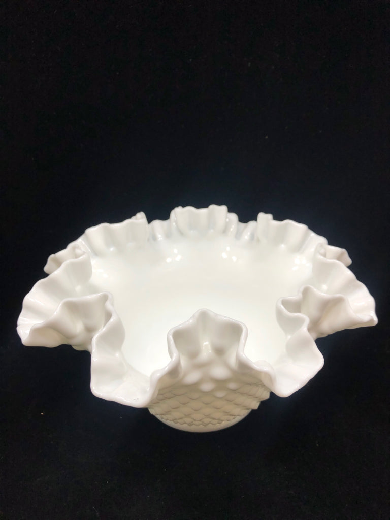 VTG HOBNAIL MILK GLASS RUFFLED EDGE CANDY BOWL.