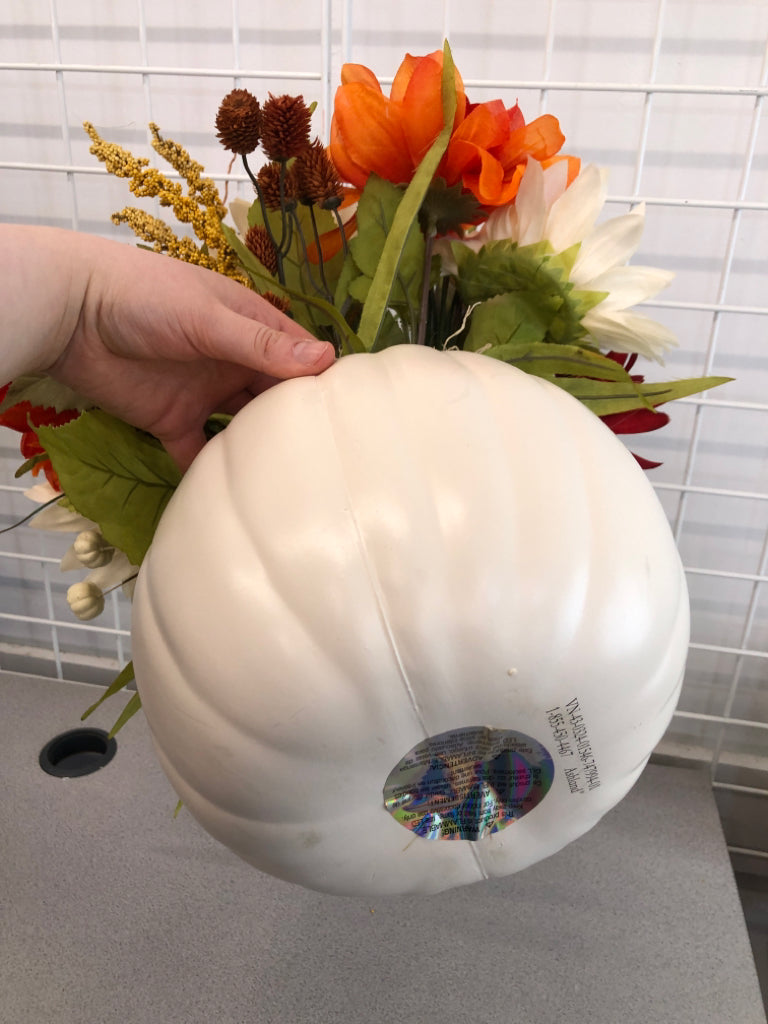 FAUX FALL BOUQUET IN PLASTIC WHITE PUMPKIN.