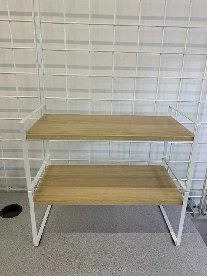 2 TIER WHITE METAL AND WOOD SHELF.