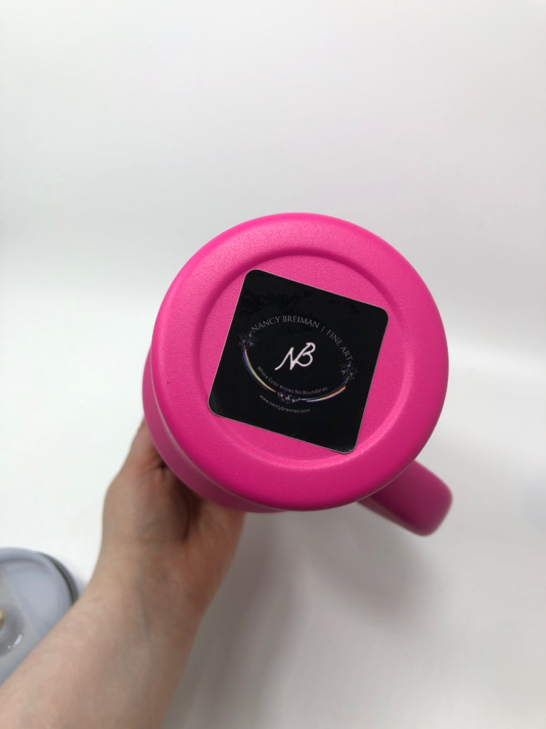 LARGE HOT PINK CUP W/FLORAL ART DECAL.