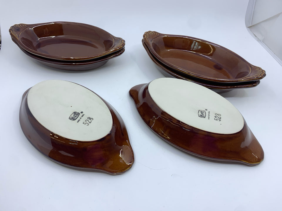 VTG 6 BROWN POTTERY OVAL AU GRATIN DISHES.